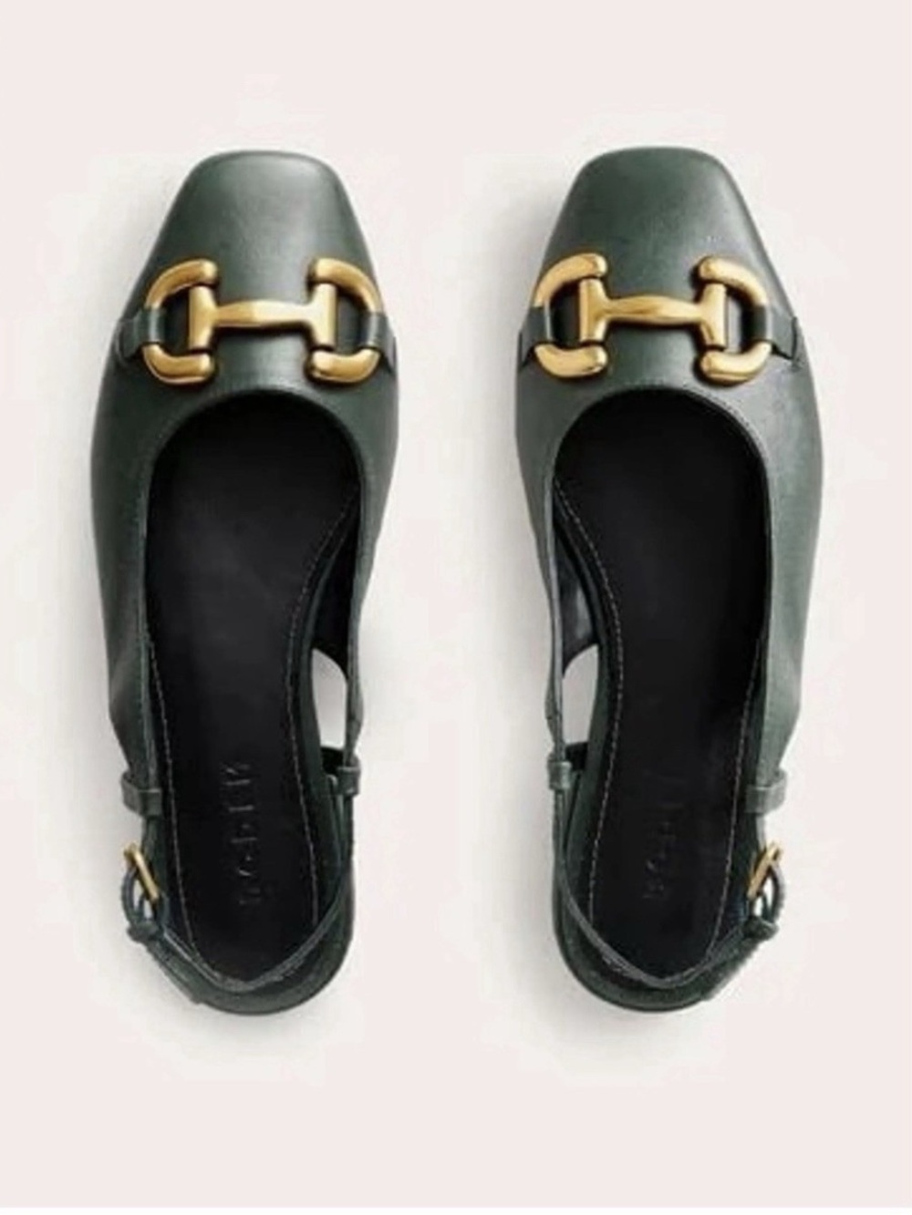 Leather Slingback Flats with Gold Horsebit - Dark Green
